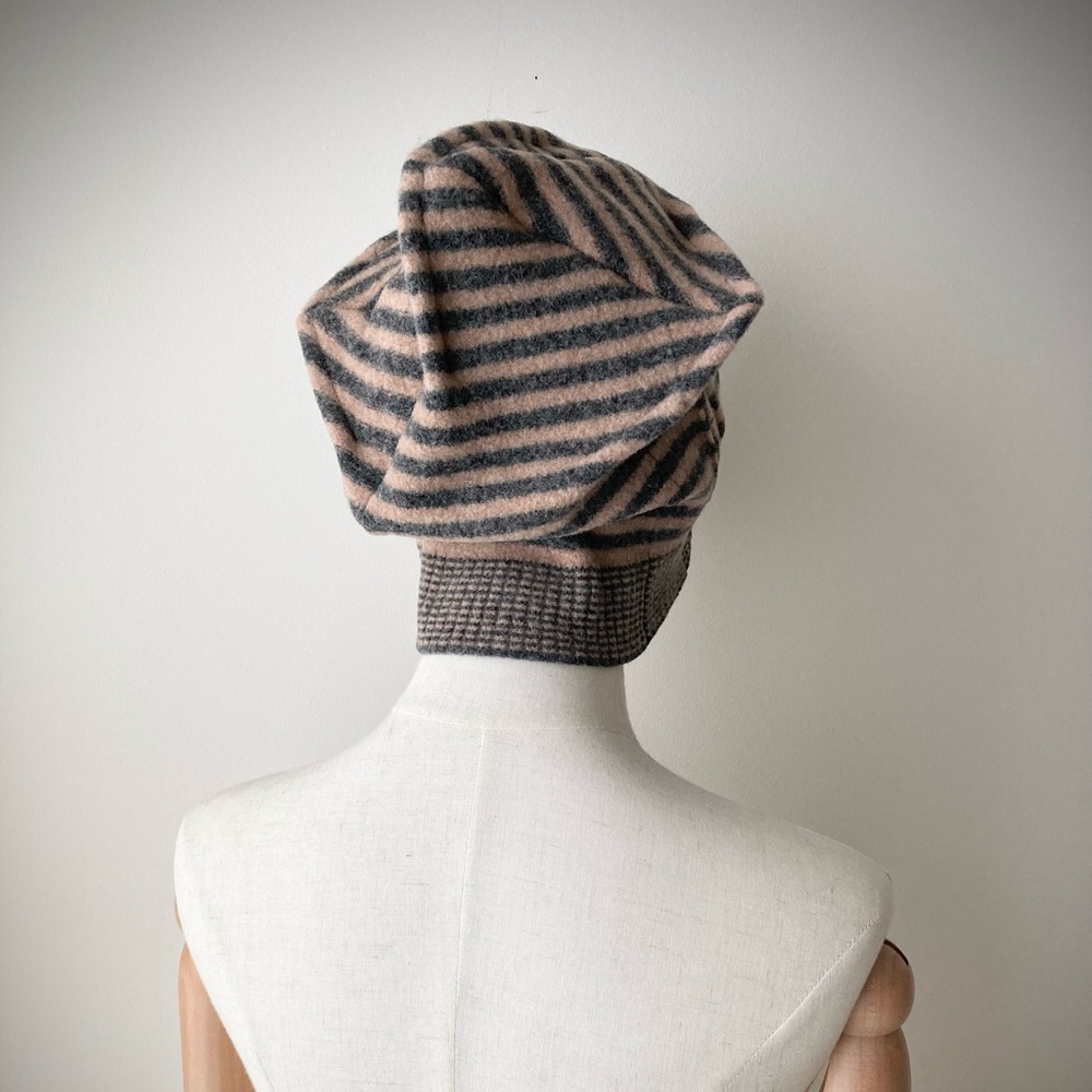 joodito origami crown wool sweater hat bucket beanie cap cloche striped gray tan - Picture 5 of 13
